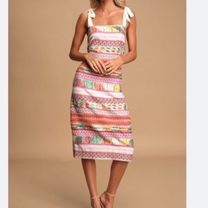 Lulu’s Tropical Dream Cream Multi Embroidered Tie-Strap Midi Dress beaded Medium